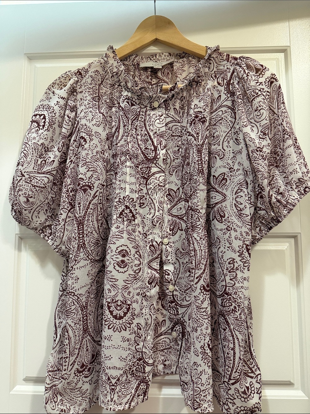 LOFT White and Burgundy Paisley Button-Up Blouse